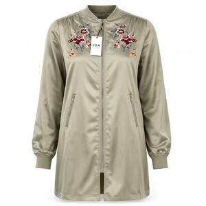 J.O.A. Floral Embroidered Longline Satin Bomber Jacket Olive Boho NWT